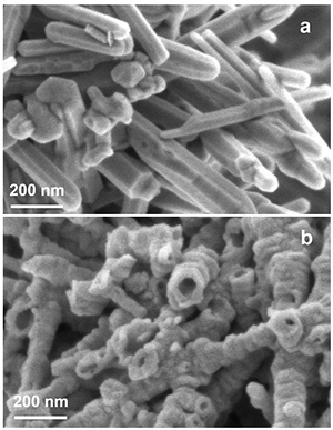 Clichés de microscopie électronique à balayage de particules de ZnO (a) avant et (b) après sulfuration, photo IFPEN