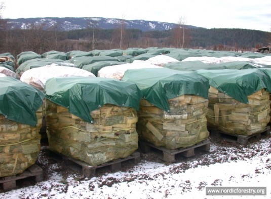 Stockage de bois-bûches en Scandinavie, photo www.nordicforestry.org