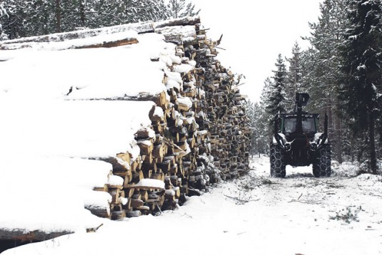 Stockage de perches a dechiqueter en Finlande, photo Autokanta