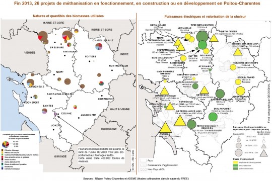 Carte des 26 projets de méthanisation en Poitou-Charentes à fin 2013 - Cliquer pour agrandir