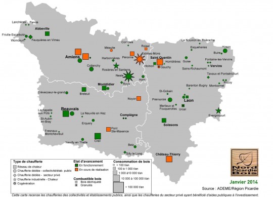 Carte des chaufferies bois picardes en 2014 - Cliquer pour agrandir.