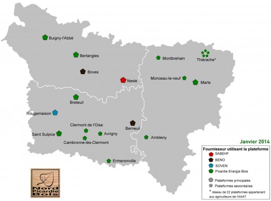 Principales plateformes de transformation et de stockage de bois déchiqueté en Picardie