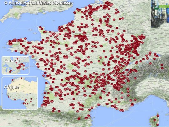 Carte de l'atlas des chaufferies à biomasse solide - Cliquer pour agrandir.