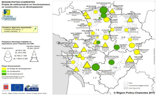 Carte des projets en fonctionnement ou en développement en Poitou-Charentes en mars 2015 - Cliquer pour agrandir.