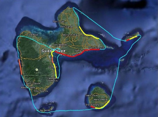 Côtes de l’Archipel de Guadeloupe touchées par l’échouage des sargasses le 28 avril 2015, Source DEAL, Franck MAZEAS