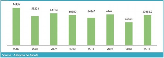 Production électrique à partir de bagasse depuis 2007 en MWh