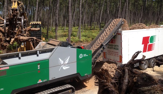 Chantier de broyage de souches Loreki en forêt landaise avec l'Axtor 6010 de Komptech, photo Loreki