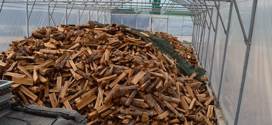 Séchage de bois de chauffage sous serre avec la chaleur de cogénération, photo Frédéric Douard