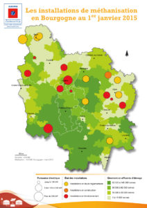 Carte des unités de méthanisation en Bourgogne en 2015 - Cliquer sur l'image pour l'agrandir.