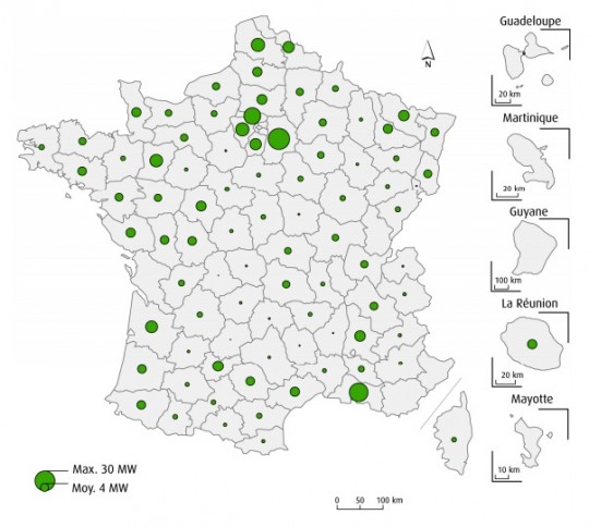 Puissance électrique totale biogaz raccordée par département fin 2015 en MWé, source SOeS