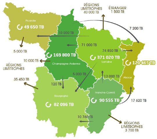 Carte des soldes de flux de plaquettes forestières dans le Grand Nord Est, source rapport GNE 2015