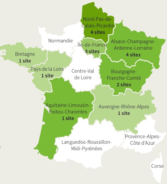 Répartition des postes d'injection de biométhane fin 2015. Sources : GrDF et GRTGaz