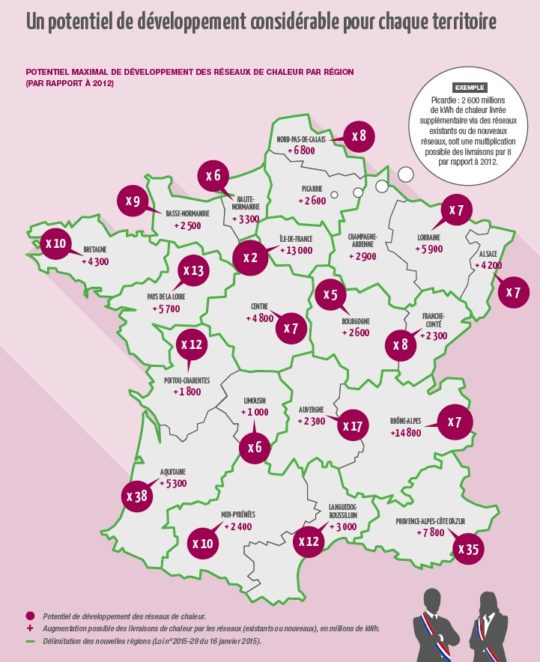 Carte du potentiel de développement des réseaux de chaleur par région, source SNCU - Cliquer sur la carte pour l'agrandir.