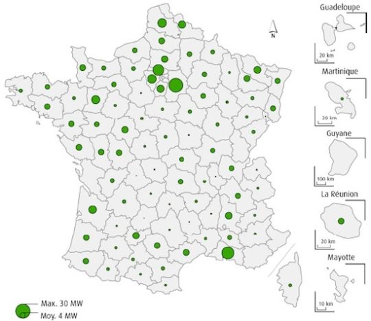 Puissance équivalent électrique raccordée par département au 31 mars 2016