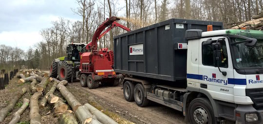 Chantier au domaine du château de Chantilly avec une déchiqueteuse Biber 92, photo Ramery