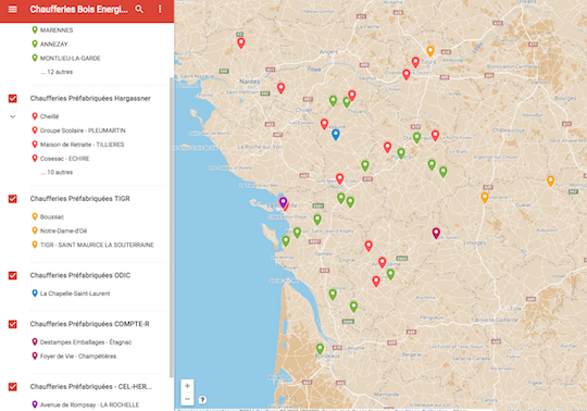 Carte des chaufferies Bois Energie préfabriquées Nouvelle Aquitaine - Cliquer sur la carte pour y accéder en dynamique.