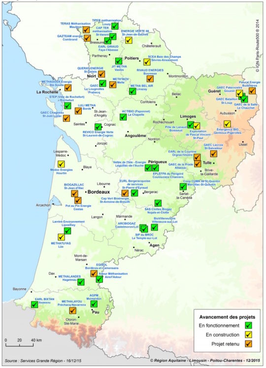 Carte des unités de méthanisation agricole et territoriale en service en Nouvelle Aquitaine en 2015 - Cliquer sur l'image pour l'agrandir.