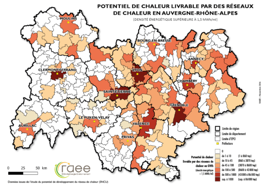Potentiel de chaleur livrable dans les réseaux de chaleur d'Auvergne-Rhône-Alpes, RAEE - Cliquer sur la carte pour l'agrandir.