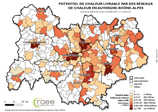 Potentiel de chaleur livrable dans les réseaux de chaleur d'Auvergne-Rhône-Alpes, RAEE - Cliquer sur la carte pour l'agrandir.