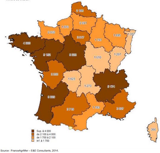 Exemple de carte de ressource de l'observatoire : La production brute en déchets verts - 2013-2014, en milliers de tonnes par an