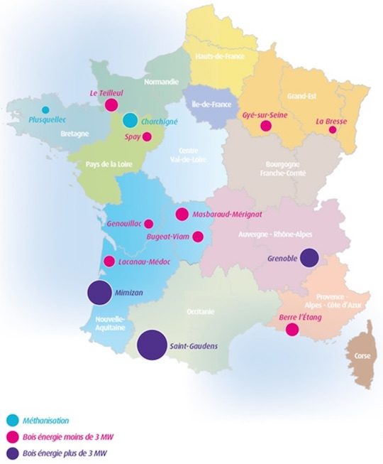 Localisation des 14 lauréats de l'appel d'offres CR5 biomasse