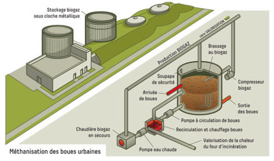 Schéma de l'installation de production de biométhane à la STEP de Grenoble, crédit La Métro