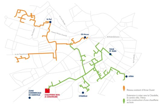 Plan du projet de réseau de chaleur d'Arras, désormais réalisé - Cliquer sur l'image pour l'agrandir.