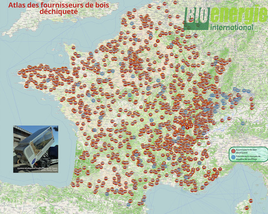 Atlas 2019 des fournisseurs de bois déchiqueté avec ou sans camion souffleur